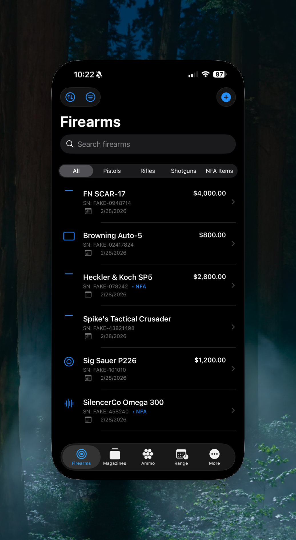 iPhone — Firearms list with category filters and serial numbers